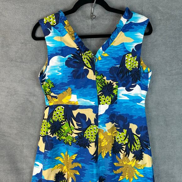 Vintage Hukilau Fashions Dress Women 14 Blue Floral Maxi Tropical Hawaiian Beach - Picture 5 of 12